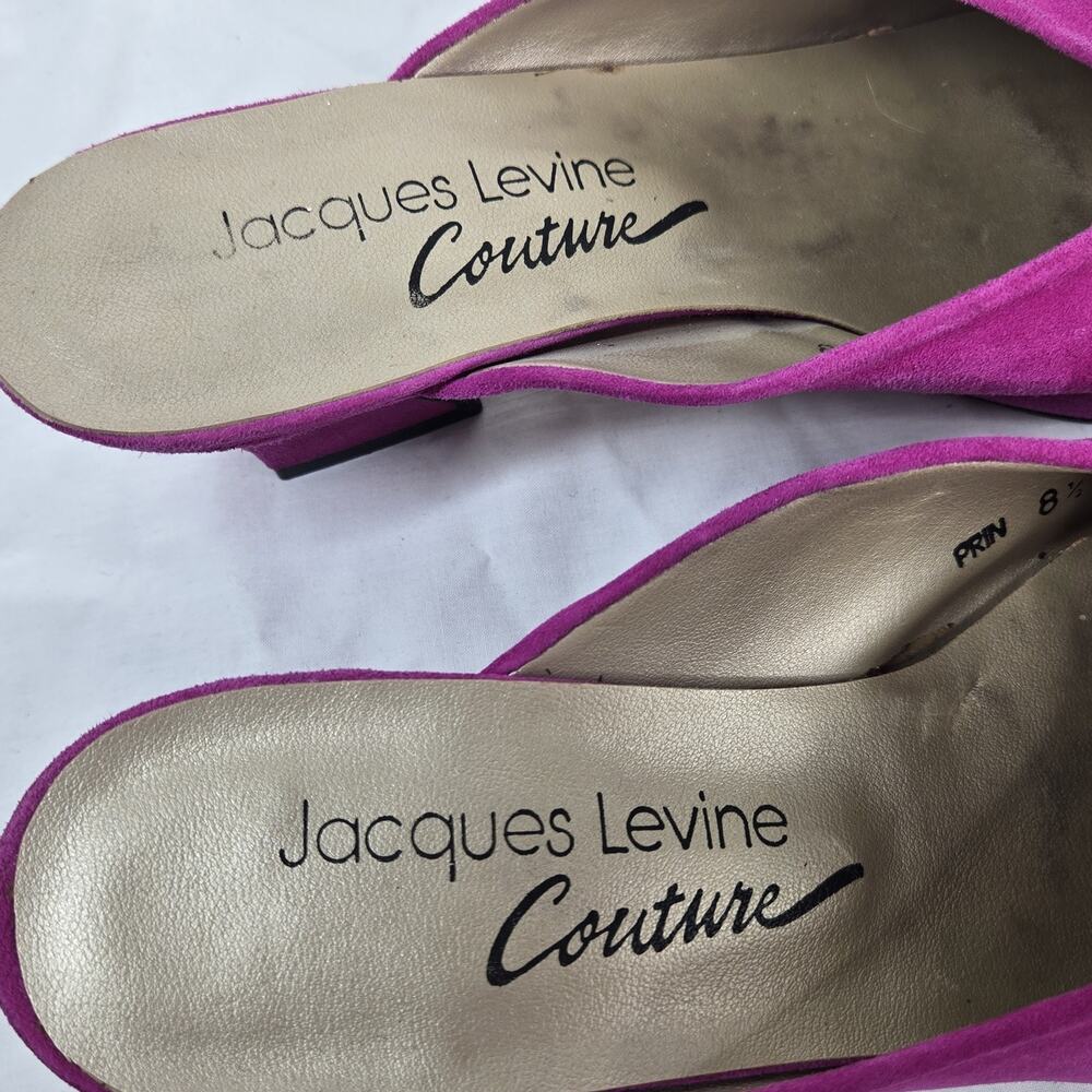 Vintage Jacques Levine Couture Suede Mules Fuchsia Pink Kitten Heels 8.5 B - Picture 2 of 11